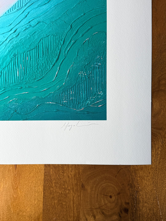 Close-up of the lower corner of the Noon print, showing the paper texture and the pencil signature on the white border