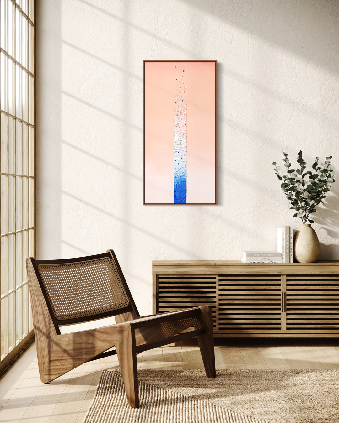 Alef, an 18 x 36 inch textured abstract painting, shown in a solid walnut float frame.