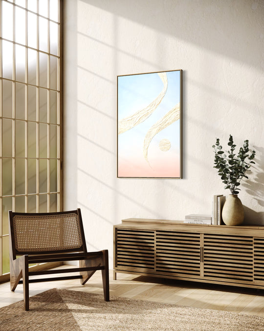 Angled view of Ba, a 24 x 36 inch textured abstract painting, in a solid oak float frame, showing the depth of the frame.