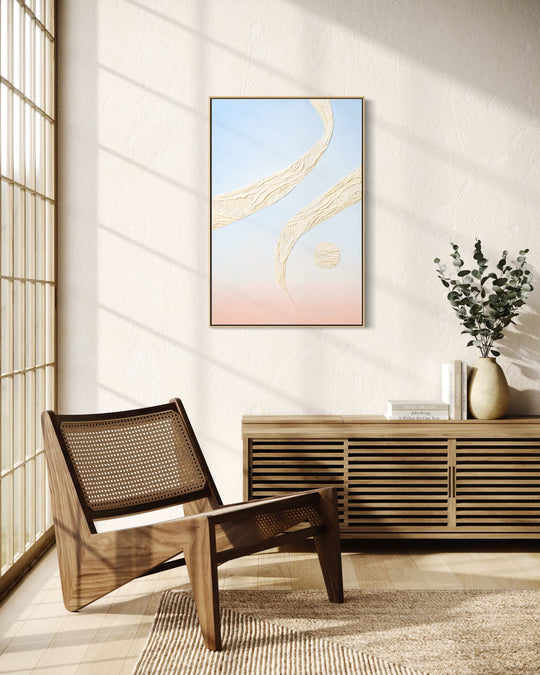Ba, a 24 x 36 inch textured abstract painting, shown in a solid oak float frame.