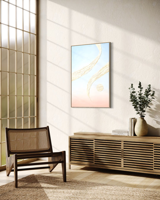Angled view of Ba, a 24 x 36 inch textured abstract painting, in a solid maple float frame, showing the depth of the frame.