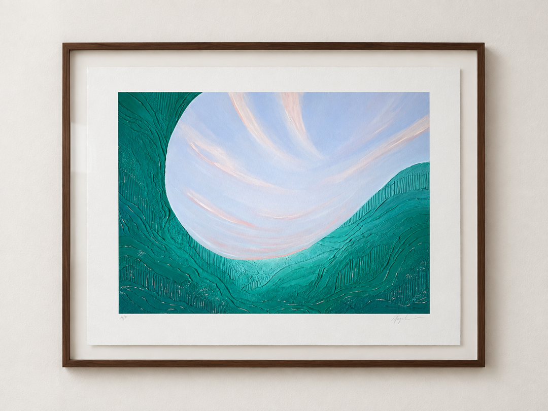 Noon, Eternal Light limited edition giclee print, 24 x 18 inch image on a 30 x 24 inch sheet, framed in walnut on a pale wall