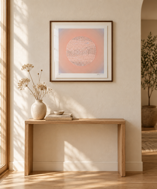 Nuqta limited edition giclee print, 16 x 16 inch image on a 20 x 20 inch sheet, framed in dark wood on a pale wall