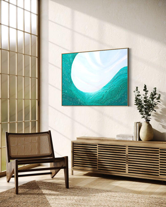 Angled view of Noon, a 40 x 30 inch textured abstract painting, in a solid oak float frame, showing the depth of the frame.