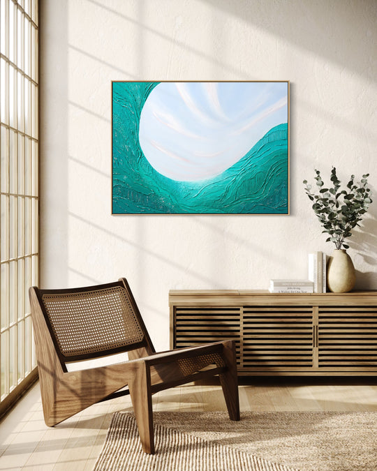 Noon, a 40 x 30 inch textured abstract painting, shown in a solid oak float frame.