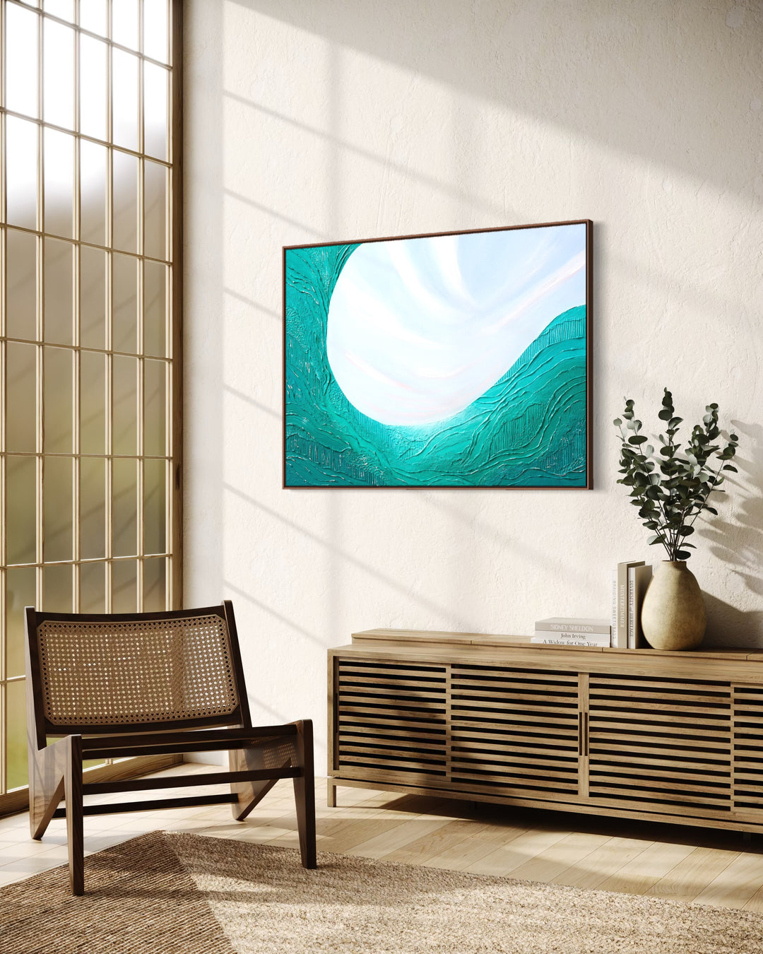 Angled view of Noon, a 40 x 30 inch textured abstract painting, in a solid walnut float frame, showing the depth of the frame.