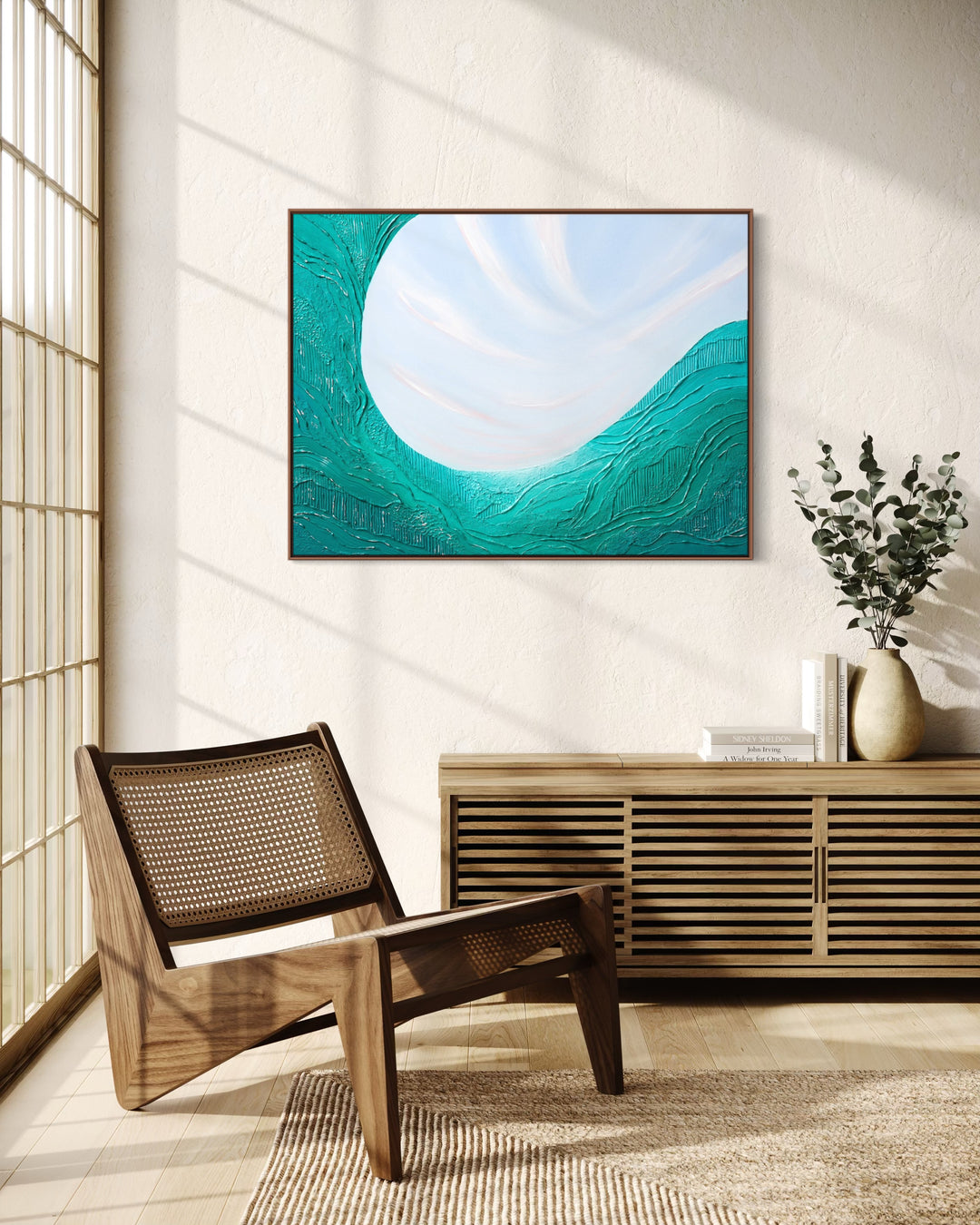 Noon, a 40 x 30 inch textured abstract painting, shown in a solid walnut float frame.