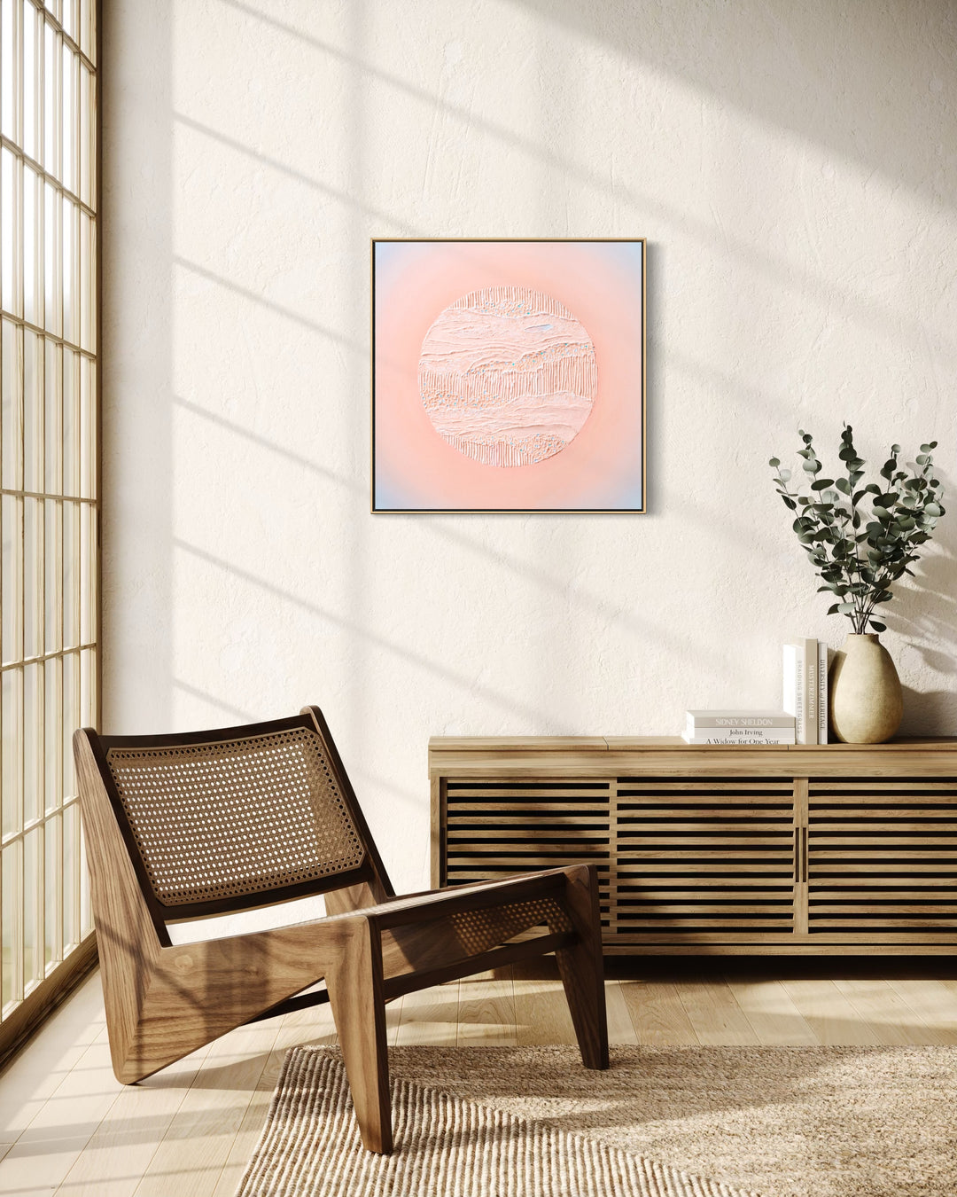 Nuqta, a 24 x 24 inch textured abstract painting, shown in a solid oak float frame.