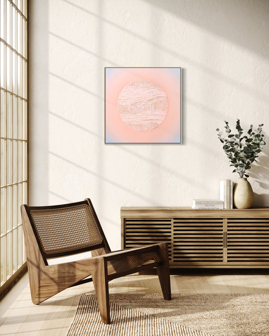 Nuqta, a 24 x 24 inch textured abstract painting, shown in a solid maple float frame.