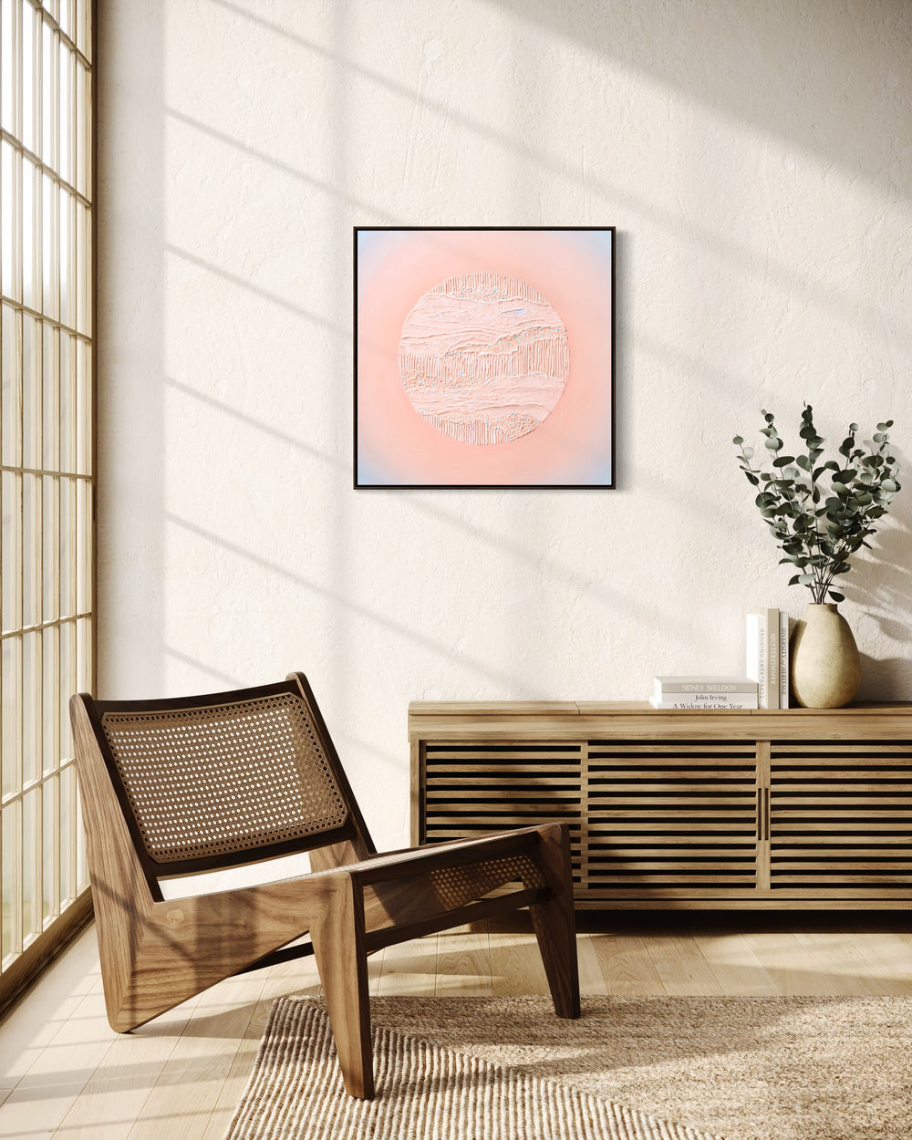 Nuqta, a 24 x 24 inch textured abstract painting, shown in a float frame in a walnut finish.