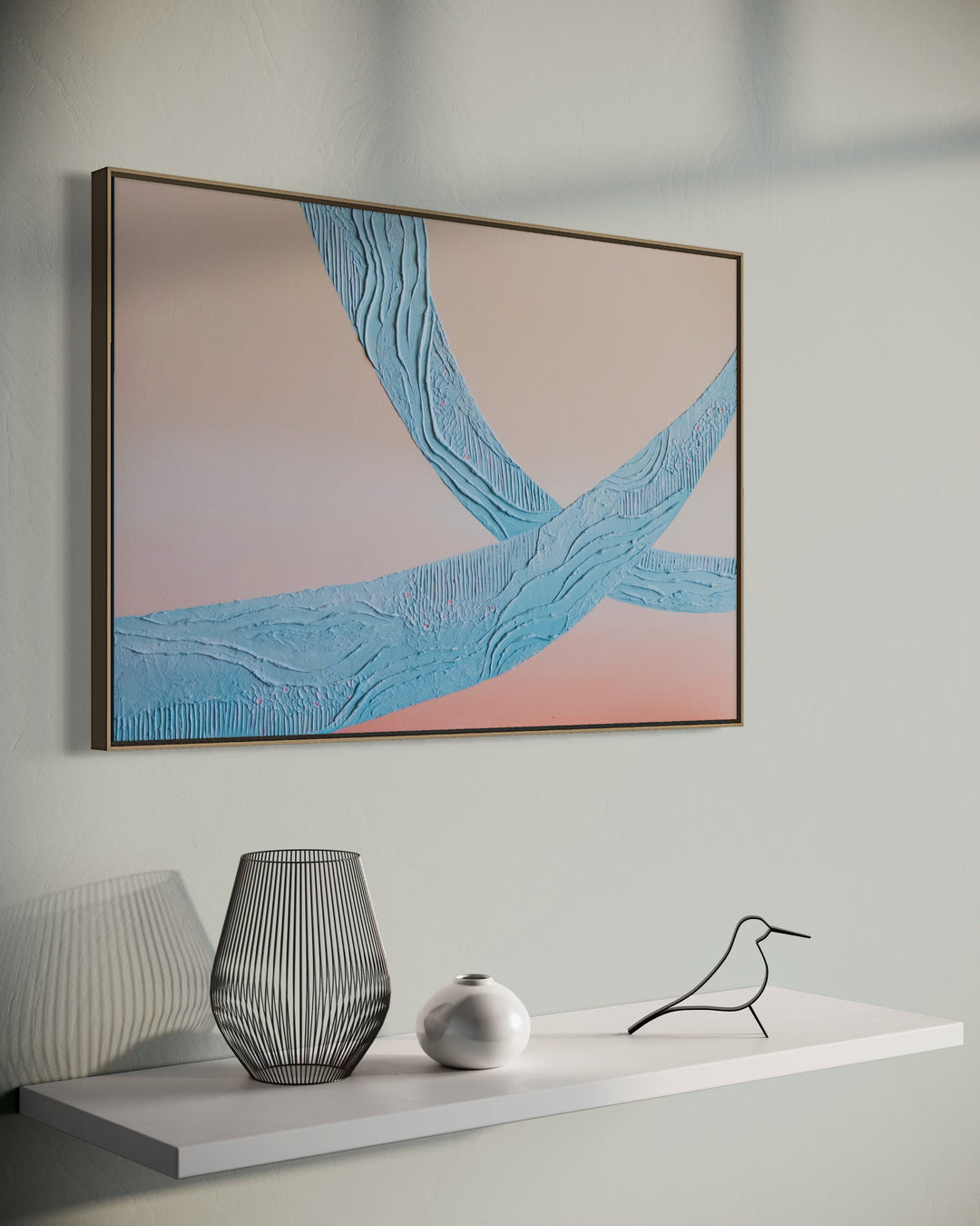 Angled view of Wow, a 36 x 24 inch textured abstract painting, in a solid oak float frame, showing the depth of the frame.