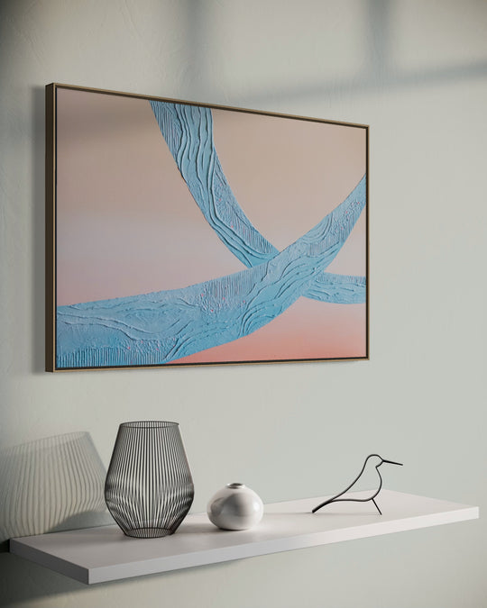 Angled view of Wow, a 36 x 24 inch textured abstract painting, in a solid oak float frame, showing the depth of the frame.