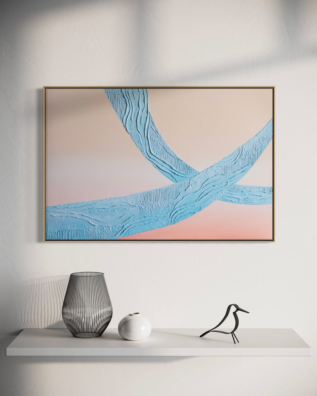Wow, a 36 x 24 inch textured abstract painting, shown in a solid oak float frame.