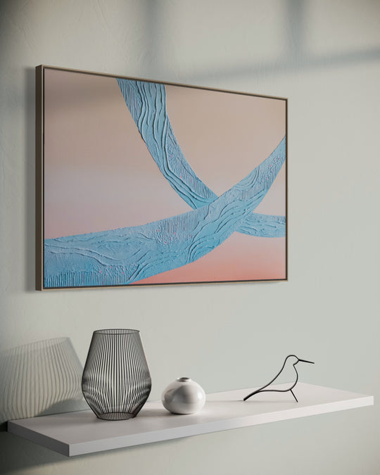 Angled view of Wow, a 36 x 24 inch textured abstract painting, in a solid maple float frame, showing the depth of the frame.