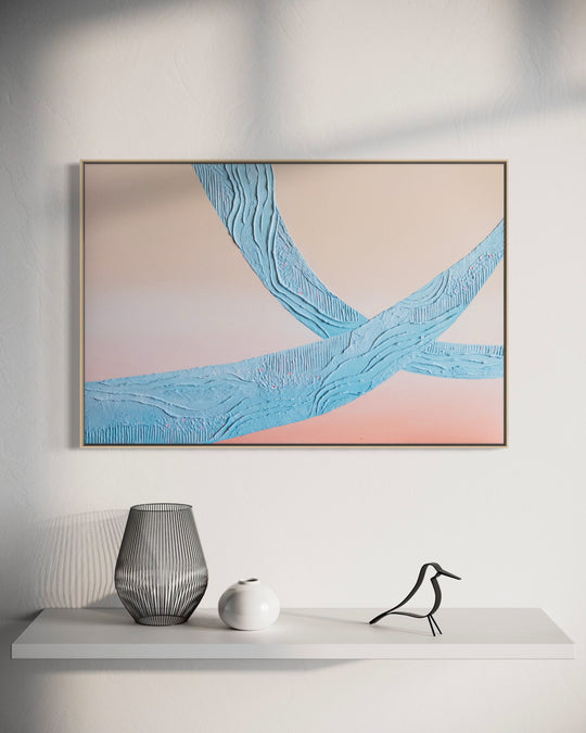 Wow, a 36 x 24 inch textured abstract painting, shown in a solid maple float frame.