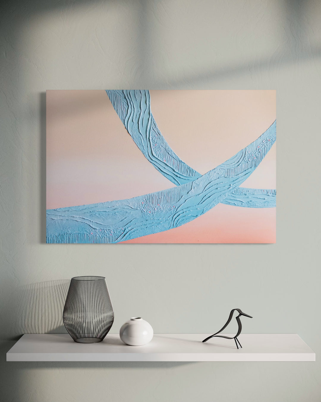 Wow, a 36 x 24 inch textured abstract painting, shown unframed on a wall.