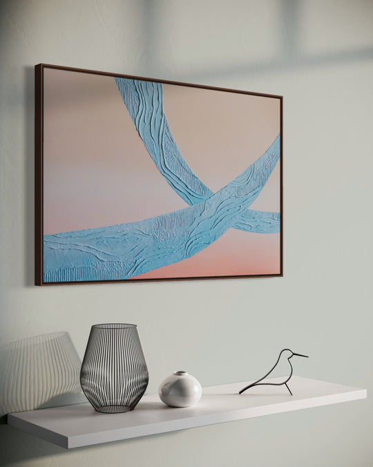 Angled view of Wow, a 36 x 24 inch textured abstract painting, in a solid walnut float frame, showing the depth of the frame.