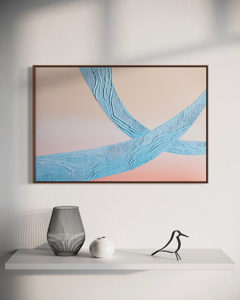 Wow, a 36 x 24 inch textured abstract painting, shown in a solid walnut float frame.