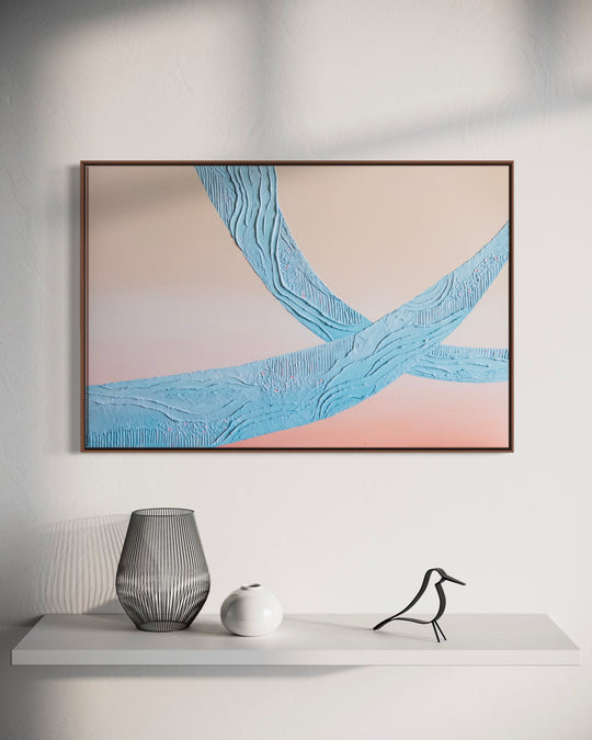 Wow, a 36 x 24 inch textured abstract painting, shown in a solid walnut float frame.